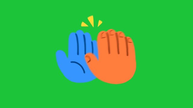 Two colorful hands clapping high five animation on green screen background, teamwork celebration success concept, flat style motion graphic