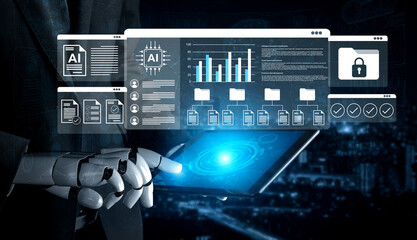 A futuristic robot hand interacts with a sleek tablet displaying digital data and statistics. The backdrop features a modern city skyline illuminated at night, signifying advanced technology. Gantry
