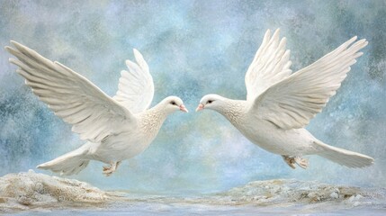 Obraz premium Two graceful white doves sculpted from ceramic captured in mid flight against a soft blue sky and water background symbolizing peace and freedom