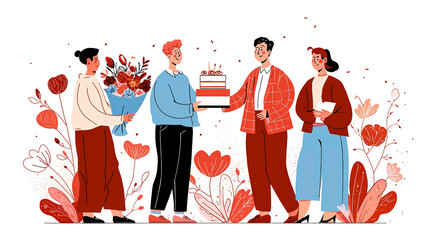 A stylized illustration of four people celebrating a birthday with a cake and flowers