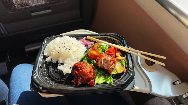 Japanese bento box with fried chicken and rice being eaten on a train journey in the sunlight
