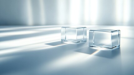 Two clear geometric prisms refracting soft light and casting shadows on a bright minimalist surface