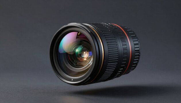 Professional camera lens with colorful reflection on gray background