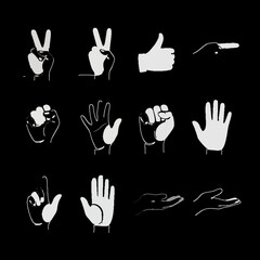 Fototapeta premium A series of hand gestures demonstrates various signs and expressions against a black backdrop.
