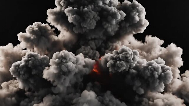 Massive explosion with dark smoke and fire against a black background.