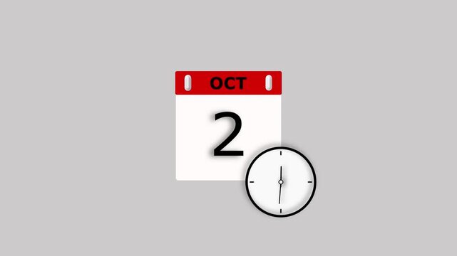 Calendar and clock icon October 2 dates animation, on white background. Stunning 4k video.