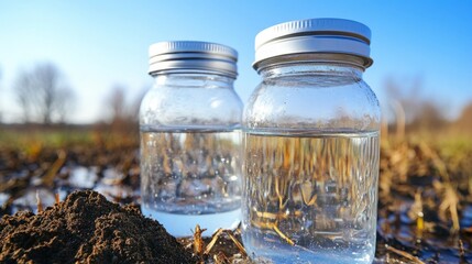 Two glass jars filled with water samples collected from the soil outdoors under a bright sky