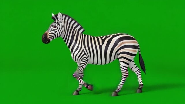 3D zebra walks with a smooth gait on a green screen for easy integration into video projects