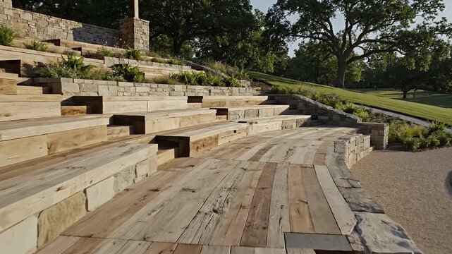 Outdoor amphitheater with rustic wooden and stone tiered seating built into a green hillside.