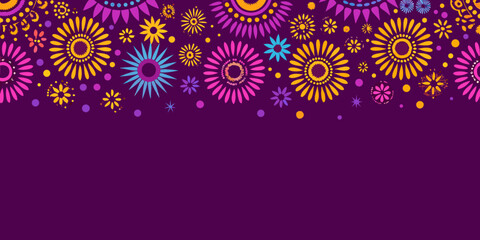 Colorful floral pattern with vibrant blossoms and a dark purple background