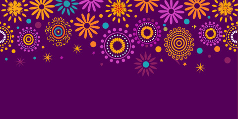 Colorful floral pattern with vibrant hues and intricate circular designs on purple