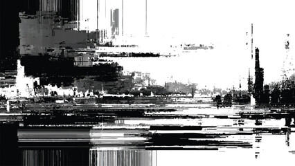 Obraz premium Distorted cityscape with glitchy digital effects overlay urban landscape with water reflection