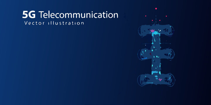 Illustration of a 5g telecommunications tower with a dark blue background