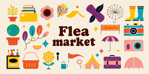 Fototapeta premium A colorful illustration depicting various items associated with a flea market
