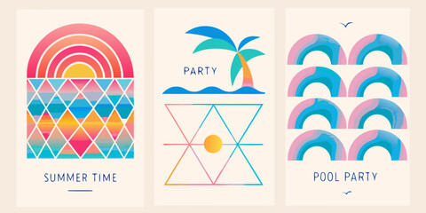 Colorful summer themed illustrations featuring rainbows palm trees and wave designs © Mityunjoy