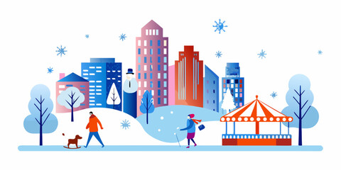 Obraz premium Winter cityscape with people trees and a charming bandstand illustration