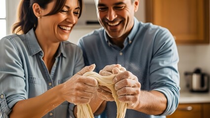 Couple Joyfully Making Dough for Homemade Baking in Kitchen