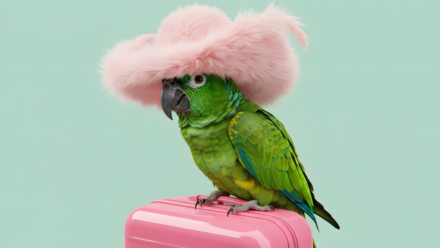A vibrant green parrot wearing a pink fluffy hat sits on a pink suitcase