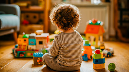 A young child with curly hair is sitting on the floor surrounded by colorful toys