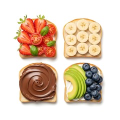 Fototapeta premium Four delicious toasts with various toppings isolated on white
