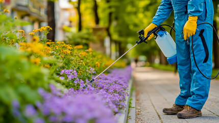 A person in a blue protective suit is spraying a white liquid from a hose onto a flower bed
