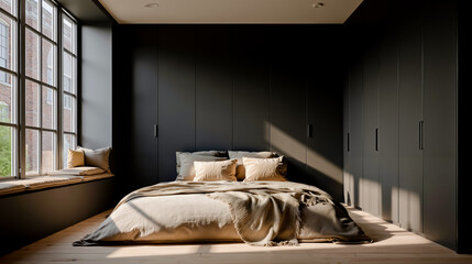 A modern bedroom with a large bed dark walls and a window with a view of a brick building