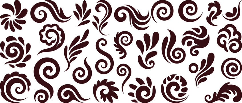 Set of detailed black  swirling, curling, and spiral motifs, bold black silhouette, decorative swirl and spiral against a white background. 