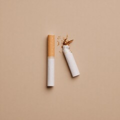 Concept of quitting smoking: broken cigarette on neutral background