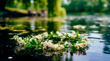 A close-up of a branch with white flowers and green leaves floating on a body of water with a blurred background of trees and people