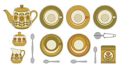 Vintage tea set vector illustration. Retro 70s floral pattern kitchenware. Knolling layout teapot cups saucers. Flat lay collection isolated on white background. Ceramic tableware.