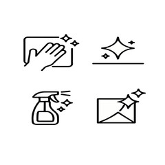 Obraz premium Cleaning Line Icons Set: Hand Wiping, Sparkles, Spray Bottle and Surface Cleaning Symbols in Minimal Outline Style for Hygiene and Maintenance 
