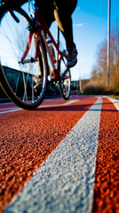 A person riding a bicycle on a red and white track