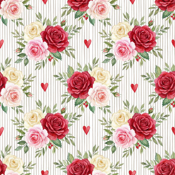 Seamless watercolor rose pattern with red hearts on striped background
