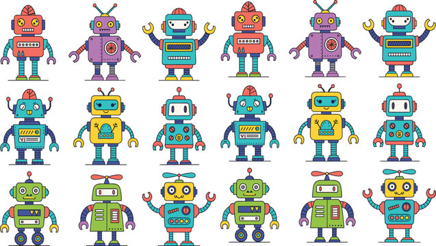 Colorful cute robot character set with different designs and expressions, modern cartoon technology collection flat vector illustration