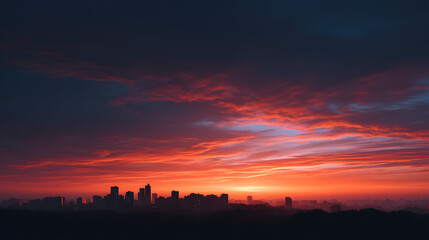 Crimson Skyline: A dramatic cityscape silhouette against a breathtaking sunset, with fiery reds and oranges illuminating the evening sky.