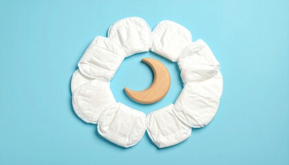 Circular Arrangement of White Disposable Pads Forming a Ring Around a Smooth Wooden Crescent Moon on a Vibrant Blue Background, Concept for Motherhood and Nighttime Comfort