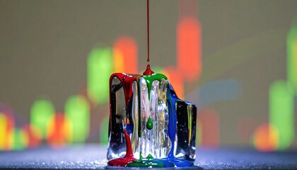 Vibrant Primary Colors of Red, Green, and Blue Paint Dripping and Melting Down a Clear Block of Ice Against a Blurred Digital Chart Background Symbolizing Market Fluctuations