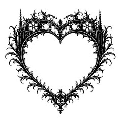 ornate gothic heart shaped decorative frame with cathedral inspired filigree arches spires and floral scrollwork