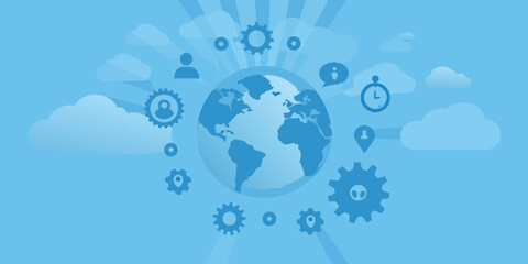 Global network connectivity earth surrounded by communication icons and gears