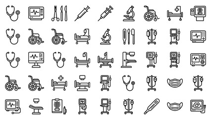 Fototapeta premium Medical icon set vector. Hospital equipment line art. Healthcare devices collection. Stethoscope, microscope, syringe, wheelchair, bed symbol. Minimalist outline design for medicine.