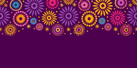 Colorful floral pattern with repeating daisy like shapes on a dark purple background © Sourav