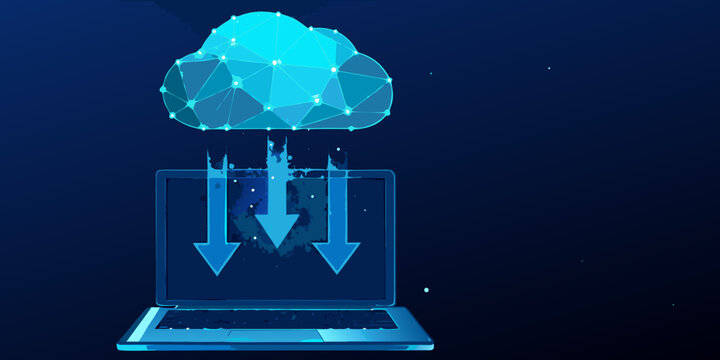 Digital cloud data transfer to a laptop computer with blue glowing arrows