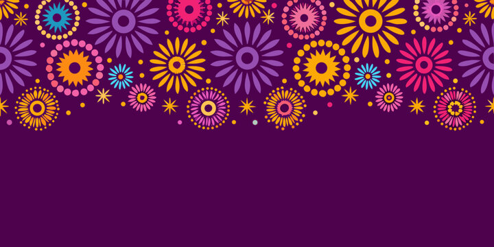 Colorful floral pattern with repeating daisy like shapes on a dark purple background