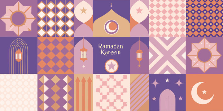 A colorful ramadan kareem patterned background with islamic motifs and a crescent moon