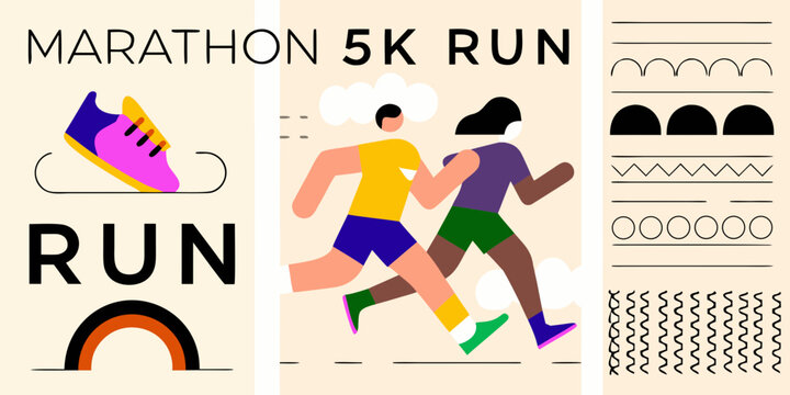 Marathon and 5k run illustration featuring a runner in vibrant colors