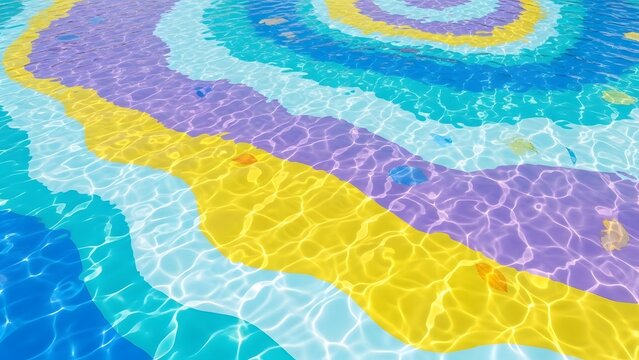 A vibrant and colorful swimming pool with wavy patterns and bright hues