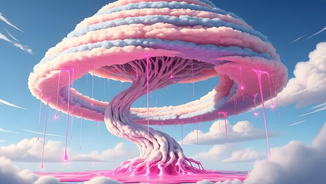 A surreal pink and blue mushroom cloud in a dreamy sky