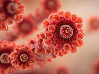 detailed view of a vibrant red microscopic organism set against a subtle background transitioning from soft cream to peach