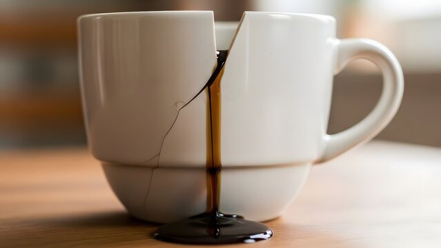 A white ceramic mug stands broken on a wooden surface, split down the middle by a distinct vertical crack. A stream of dark liquid, likely coffee, pours from the fracture, flowing down the side of the