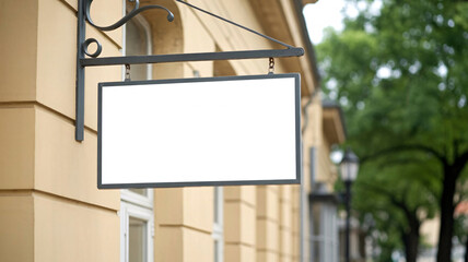 Blank rectangular metal signboard hanging on a urban building wall